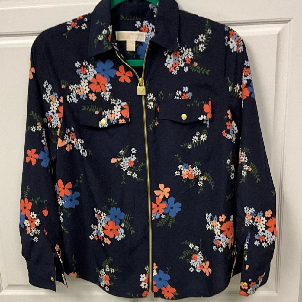 MICHAEL MICHAEL KORS Zipper Dark Blue Floral Long Sleeve Blouse -SZ- M Petite